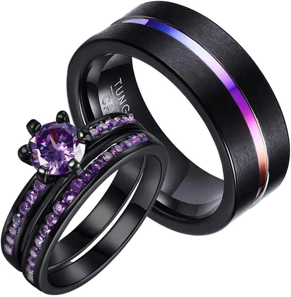 Couple Rings Black Plated Purple Cz Womens Wedding Ring Sets Tungsten Mens Wedding Band (Please Buy 2 Rings for 1 Pair)