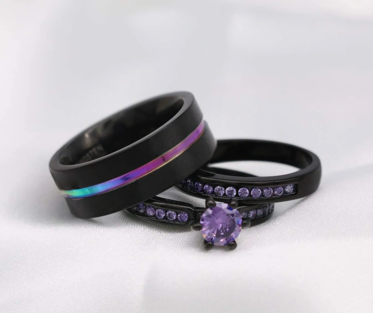 Couple Rings Black Plated Purple Cz Womens Wedding Ring Sets Tungsten Mens Wedding Band (Please Buy 2 Rings for 1 Pair)
