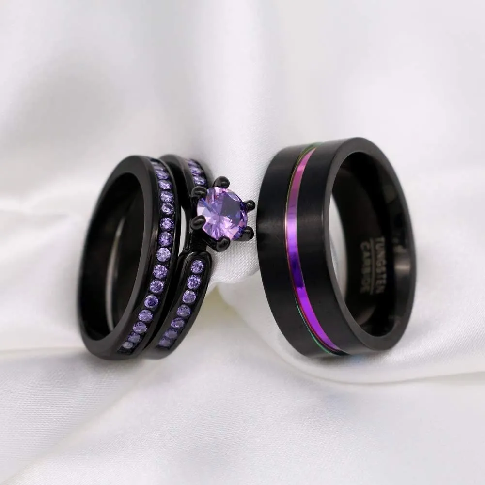 Couple Rings Black Plated Purple Cz Womens Wedding Ring Sets Tungsten Mens Wedding Band (Please Buy 2 Rings for 1 Pair)