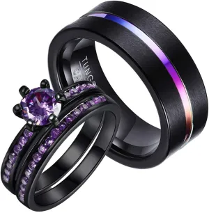 Couple Rings Black Plated Purple Cz Womens Wedding Ring Sets Tungsten Mens Wedding Band (Please Buy 2 Rings for 1 Pair)