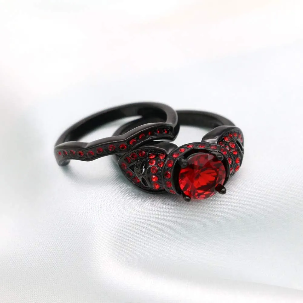 Couple Rings Black Plated Round Red Cz Womens Wedding Ring Sets Skull Ring Titanium Steel Man Wedding BandsPlease Buy 2 Rings for 1 Pair