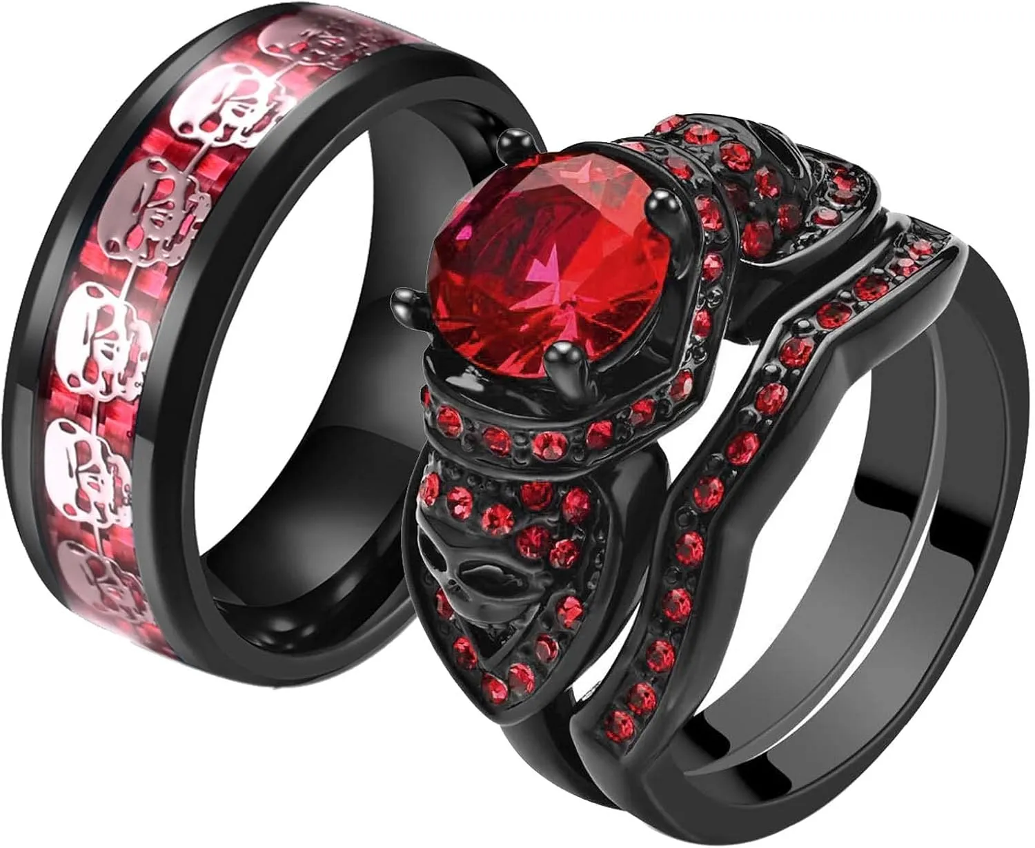 Couple Rings Black Plated Round Red Cz Womens Wedding Ring Sets Skull Ring Titanium Steel Man Wedding BandsPlease Buy 2 Rings for 1 Pair