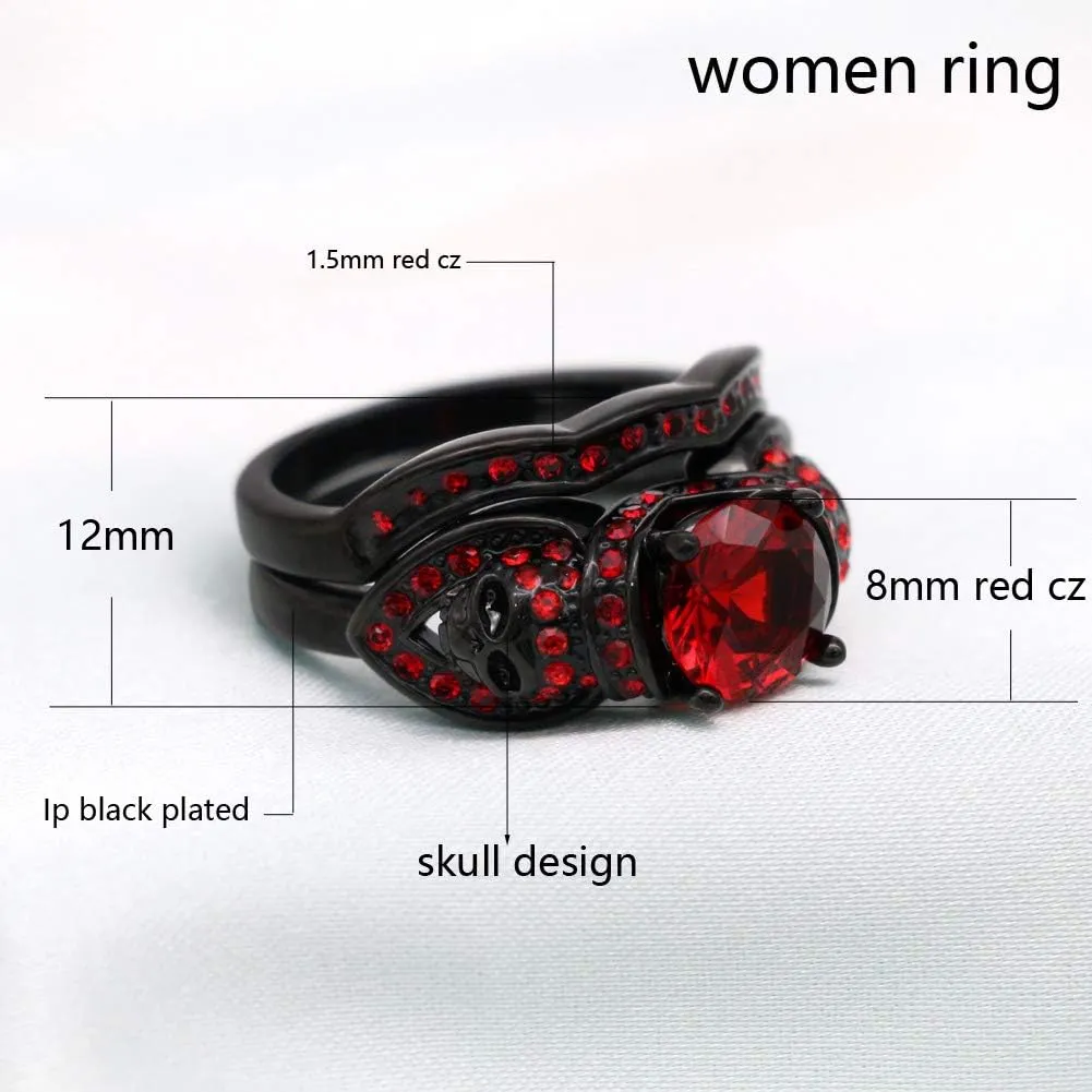 Couple Rings Black Plated Round Red Cz Womens Wedding Ring Sets Skull Ring Titanium Steel Man Wedding BandsPlease Buy 2 Rings for 1 Pair