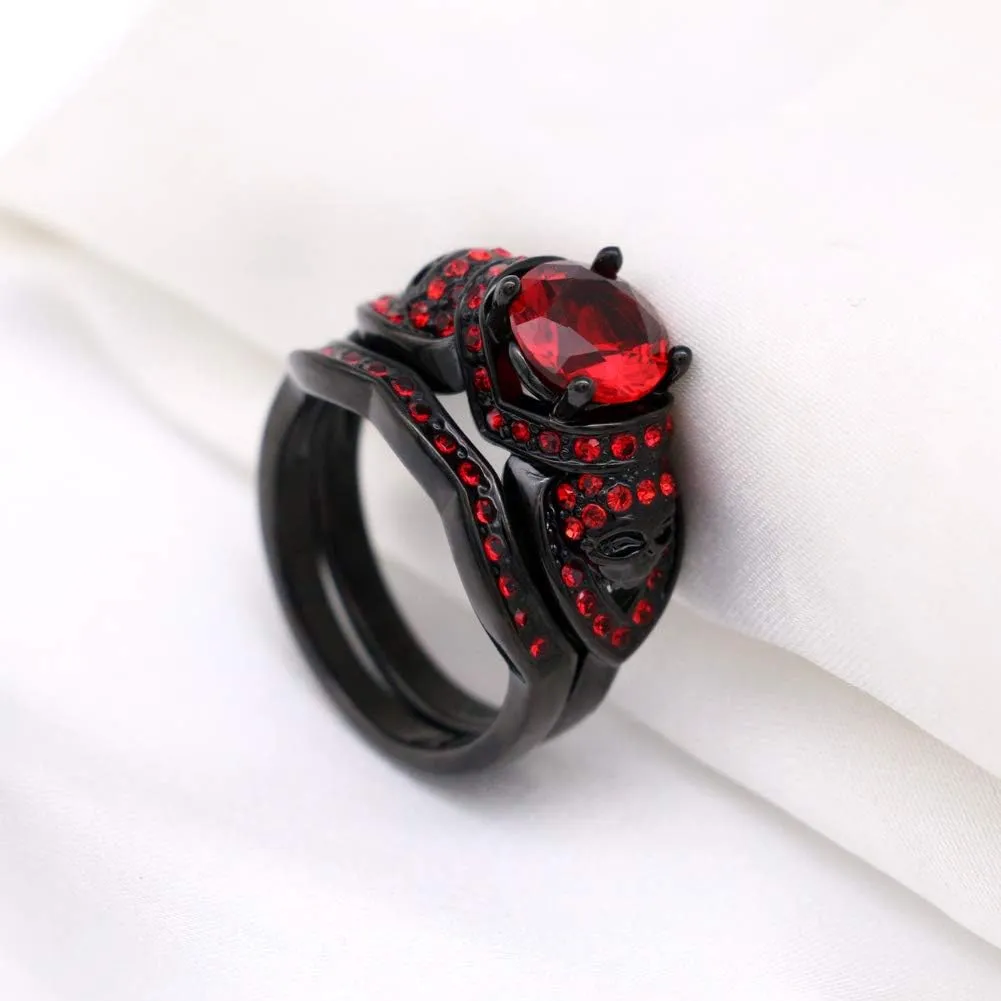 Couple Rings Black Plated Round Red Cz Womens Wedding Ring Sets Skull Ring Titanium Steel Man Wedding BandsPlease Buy 2 Rings for 1 Pair