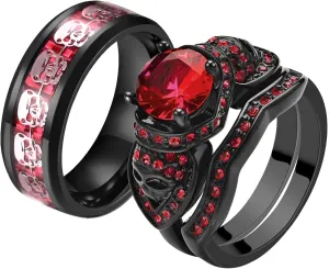 Couple Rings Black Plated Round Red Cz Womens Wedding Ring Sets Skull Ring Titanium Steel Man Wedding BandsPlease Buy 2 Rings for 1 Pair