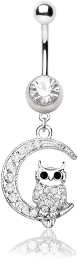 Covet Jewelry 316L Stainless Steel Sparkling Owl on The Moon Navel Ring