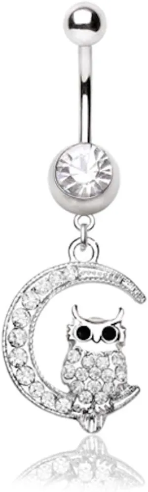 Covet Jewelry 316L Stainless Steel Sparkling Owl on The Moon Navel Ring