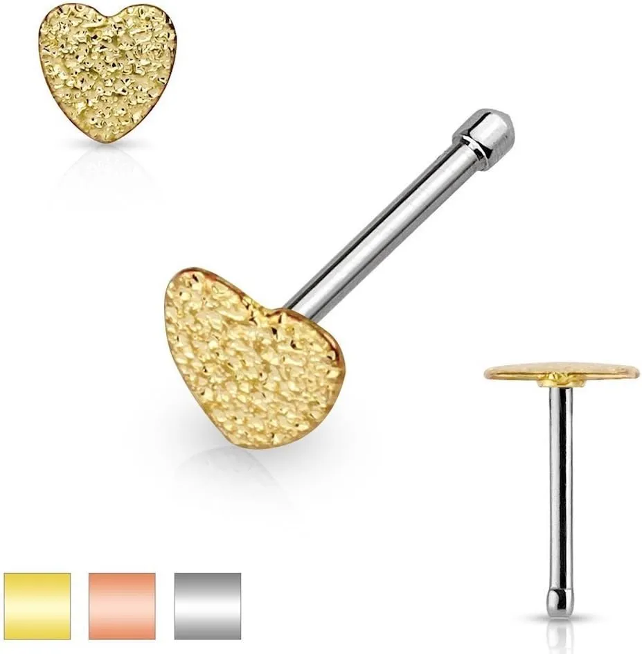 Covet Jewelry Sparkling Sand Blast Finish Heart Top 316L Surgical Steel Nose Bone Stud Rings
