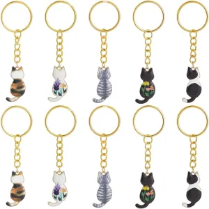 CRASPIRE 10Pcs Enamel Cat Keychain Pet Keychain Bulk 5 Styles Colorful Small Mini Alloy Kitty Metal Keyrings Hanging Pendant Keychains for Car Key Keychain Purse Bag Party Favors DIY Women Decoration