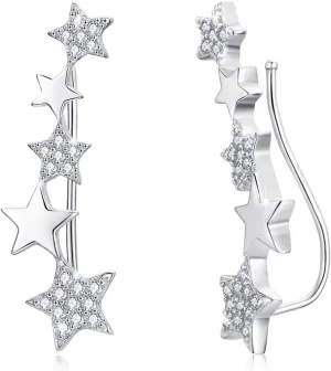 Crawler Earrings Sterling Silver Star Earrings Cuff Wrap Climber Earrings with Cubic Zirconia Piercing Mix Linked Stars Sweep up Ear Pin Hypoallergenic Earring for Women