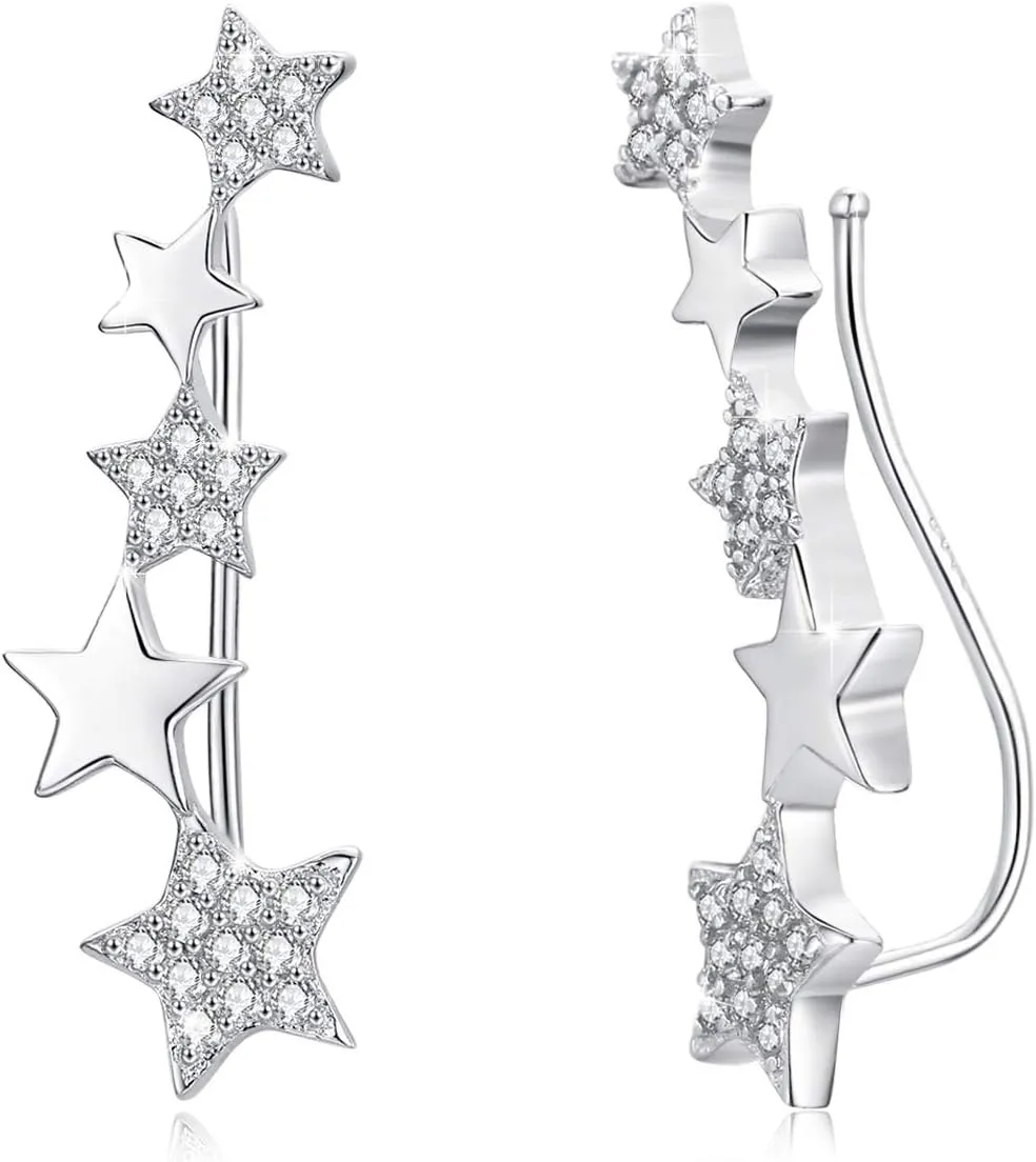 Crawler Earrings Sterling Silver Star Earrings Cuff Wrap Climber Earrings with Cubic Zirconia Piercing Mix Linked Stars Sweep up Ear Pin Hypoallergenic Earring for Women