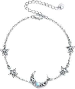 CRMAD Moonstone Moon/Star/Daisy/Turquoise/Rose Flower/Cat/Star/Hecate/Airplane/Pearl/Chakra/Rose Pearl/Butterfly/Wave/Starfish Anklet for Women Sterling Silver Anklet Irish Jewelry