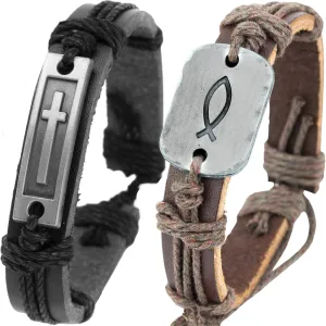 Cross and Sign of The Fish Men's Leather Wrap Bracelets for Men or Teen Boys, Christian