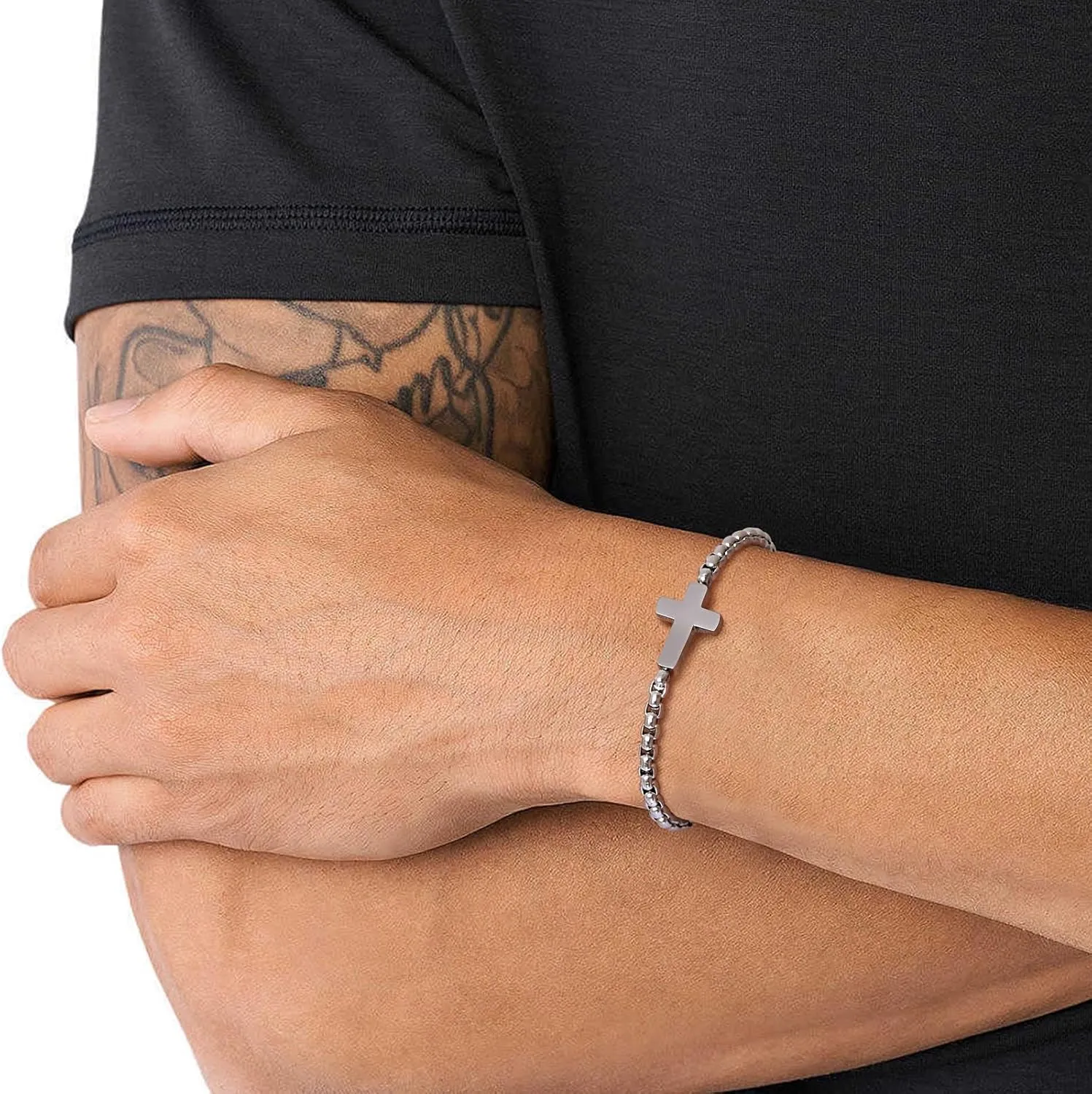 Cross Chain Bracelets for Men Women, Silver/Black Stainless Steel Cross Charms Men's Bracelet, Faith Religious Easter Catholic Christian God Jesus Communion Baptism Jewelry Gift Mens Link Bracelet