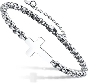 Cross Chain Bracelets for Men Women, Silver/Black Stainless Steel Cross Charms Men's Bracelet, Faith Religious Easter Catholic Christian God Jesus Communion Baptism Jewelry Gift Mens Link Bracelet