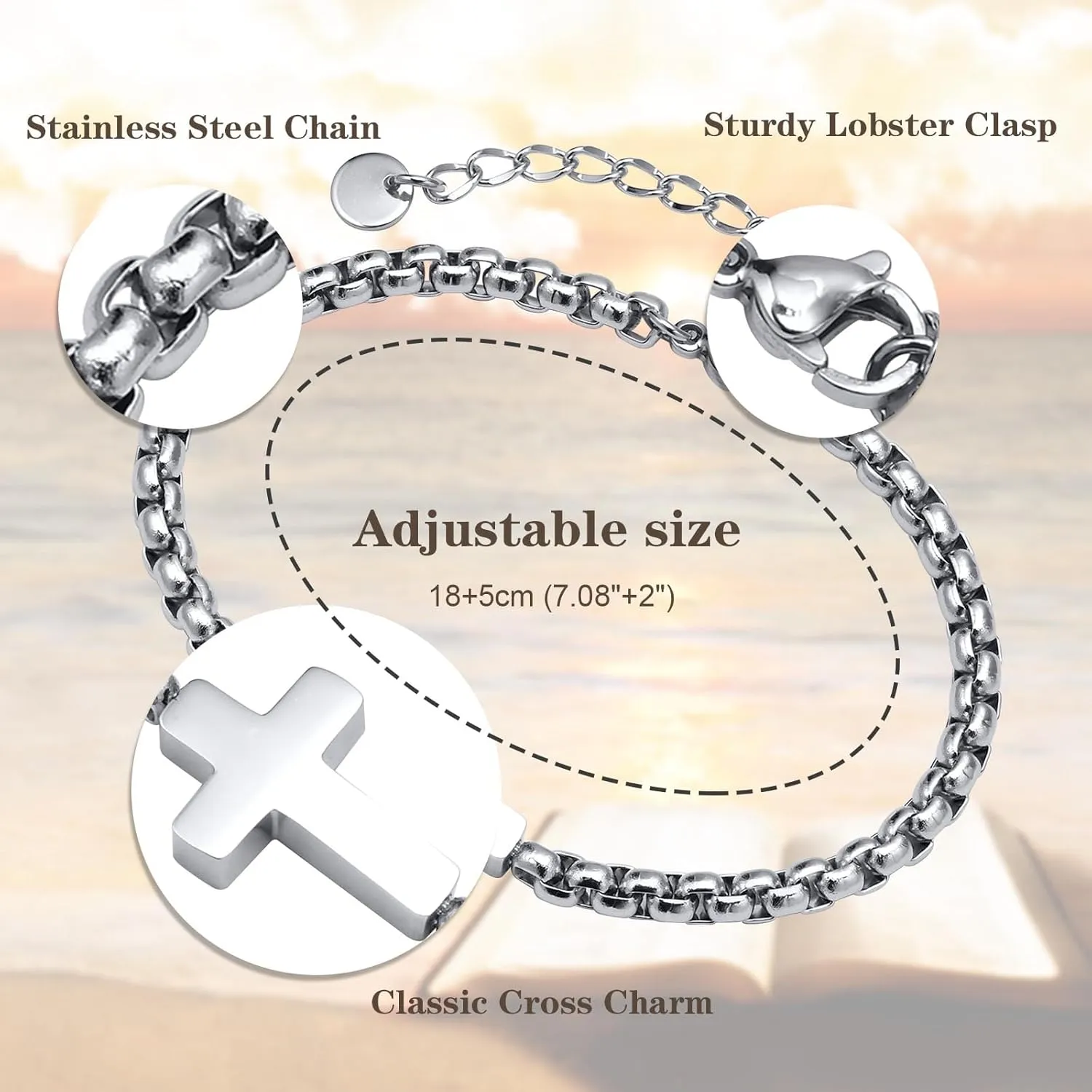 Cross Chain Bracelets for Men Women, Silver/Black Stainless Steel Cross Charms Men's Bracelet, Faith Religious Easter Catholic Christian God Jesus Communion Baptism Jewelry Gift Mens Link Bracelet