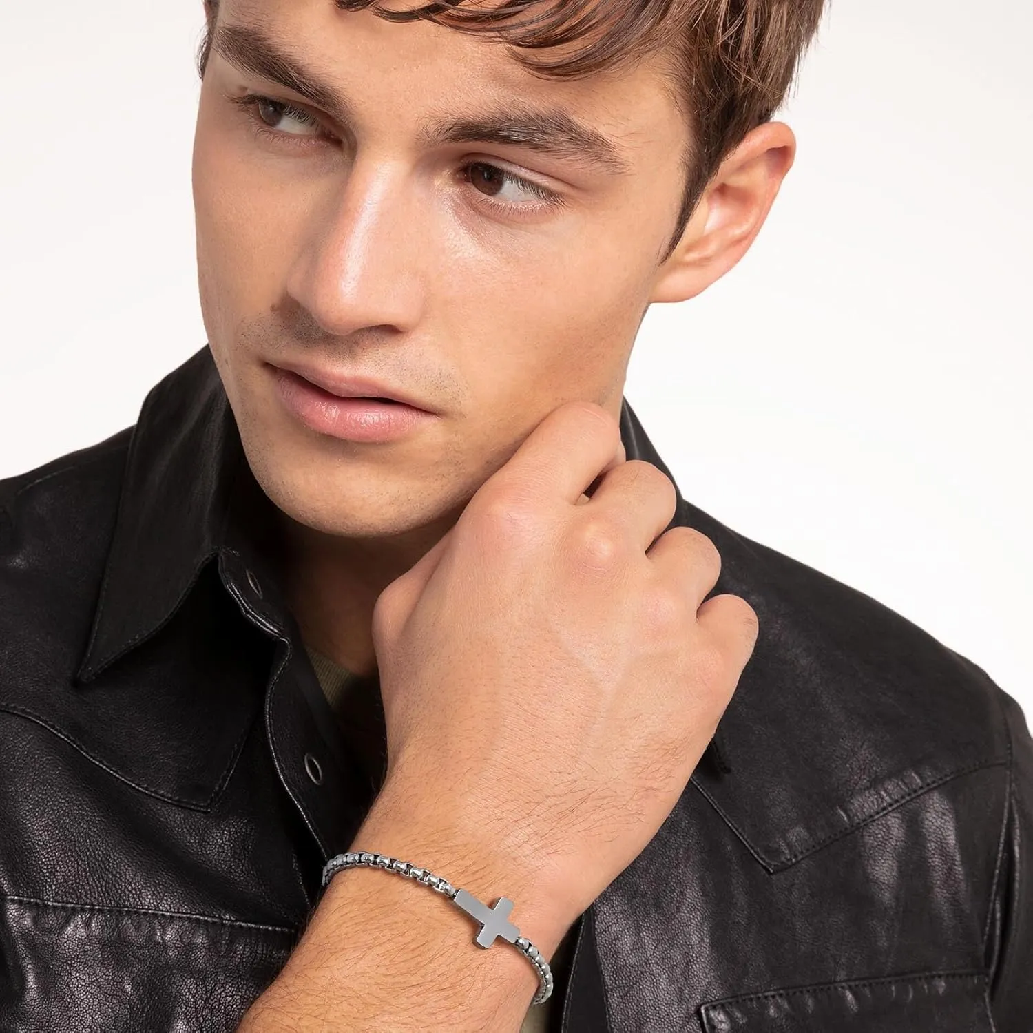 Cross Chain Bracelets for Men Women, Silver/Black Stainless Steel Cross Charms Men's Bracelet, Faith Religious Easter Catholic Christian God Jesus Communion Baptism Jewelry Gift Mens Link Bracelet