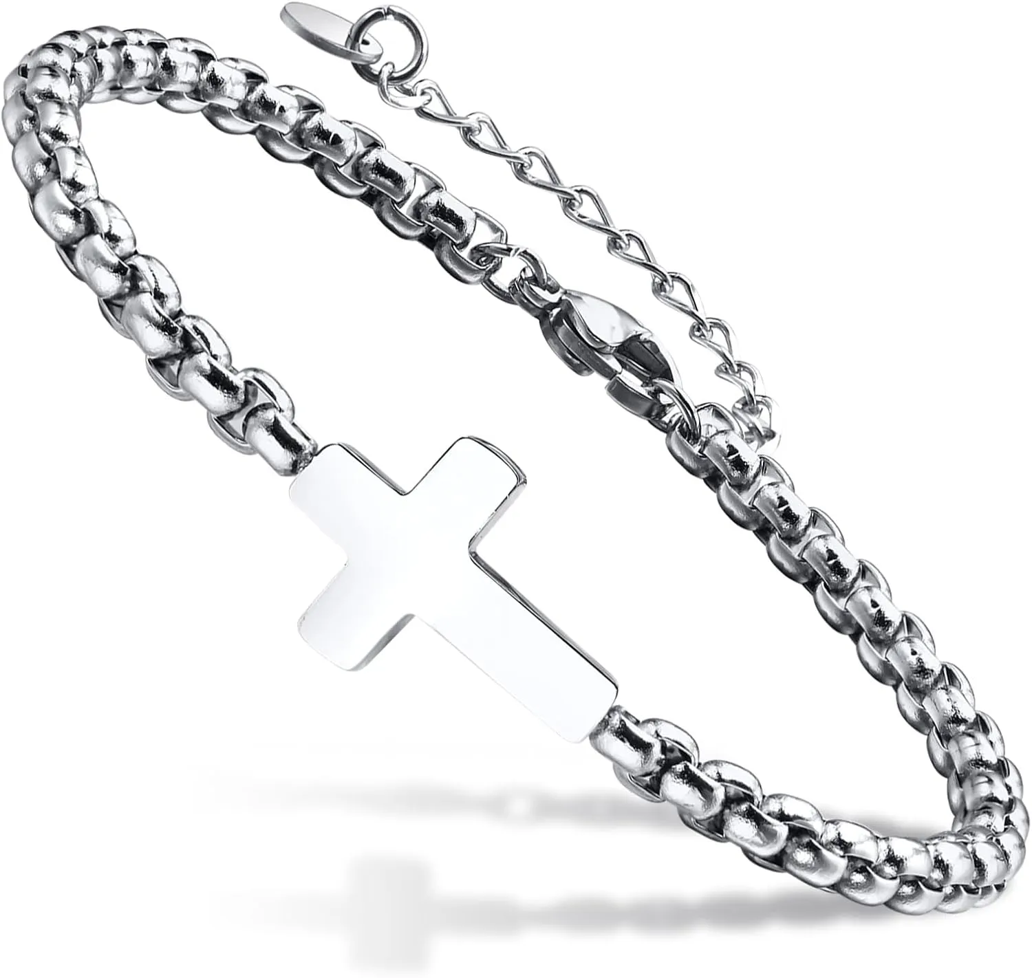 Cross Chain Bracelets for Men Women, Silver/Black Stainless Steel Cross Charms Men's Bracelet, Faith Religious Easter Catholic Christian God Jesus Communion Baptism Jewelry Gift Mens Link Bracelet