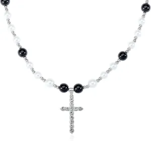 Cross Necklace for Men Black White Pearl Necklace Rosary Stainless Steel Necklace 10mm Double Layered Cuban Link Fashion Jewelry Baptism Gifts for Him