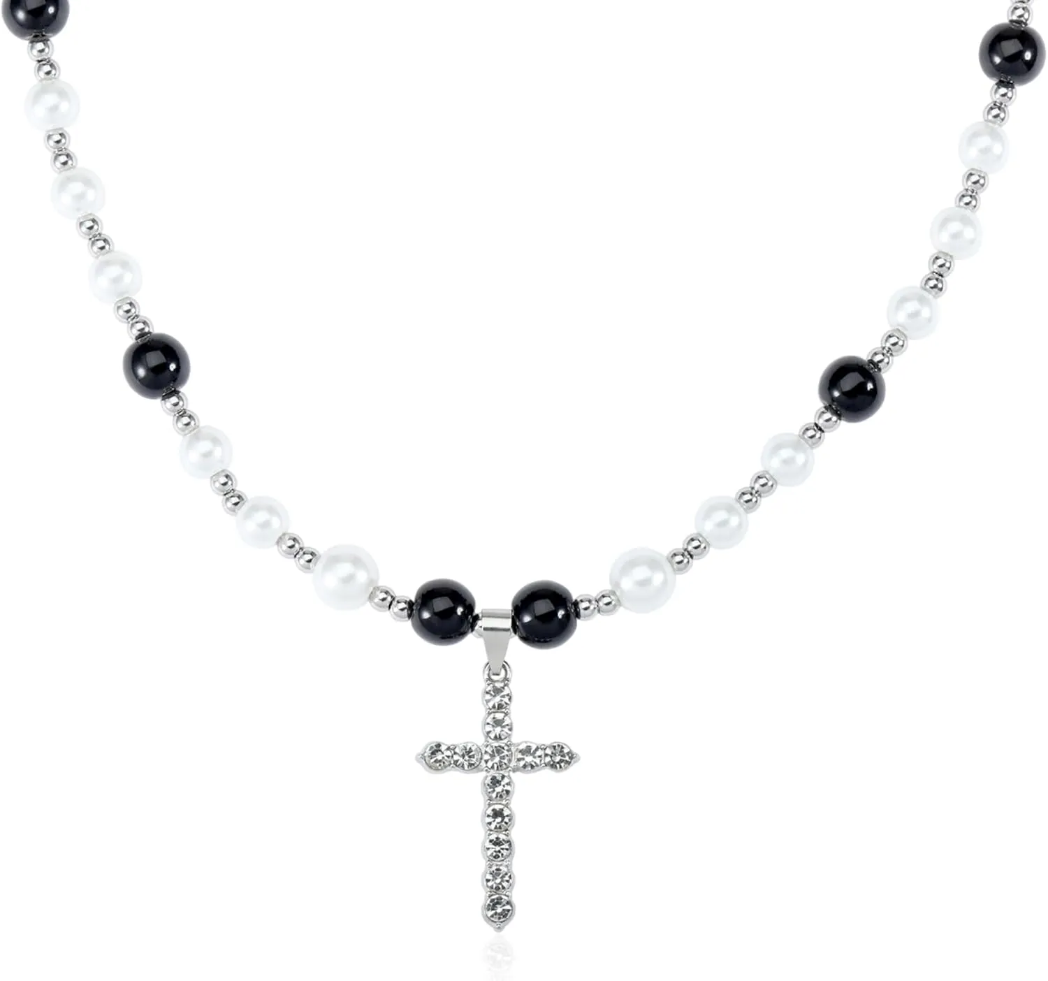 Cross Necklace for Men Black White Pearl Necklace Rosary Stainless Steel Necklace 10mm Double Layered Cuban Link Fashion Jewelry Baptism Gifts for Him