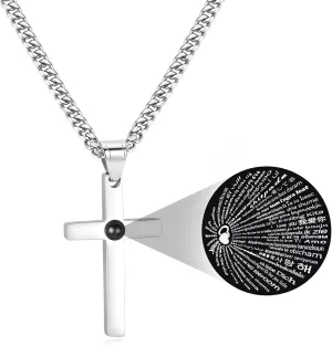 Cross Necklace for Men - Stainless Steel Silver Cross Necklace, Engraved Bible Verse and Love Cross Pendant with Cuban link Chain, Faith Jewelry Gifts for Men Women and Boys, 5mm Width with 18-24 Inch