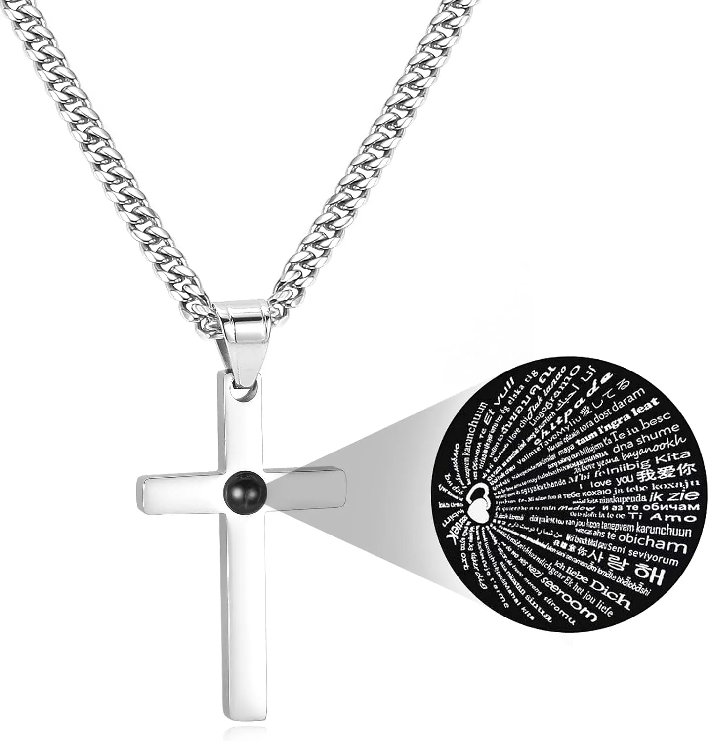 Cross Necklace for Men - Stainless Steel Silver Cross Necklace, Engraved Bible Verse and Love Cross Pendant with Cuban link Chain, Faith Jewelry Gifts for Men Women and Boys, 5mm Width with 18-24 Inch