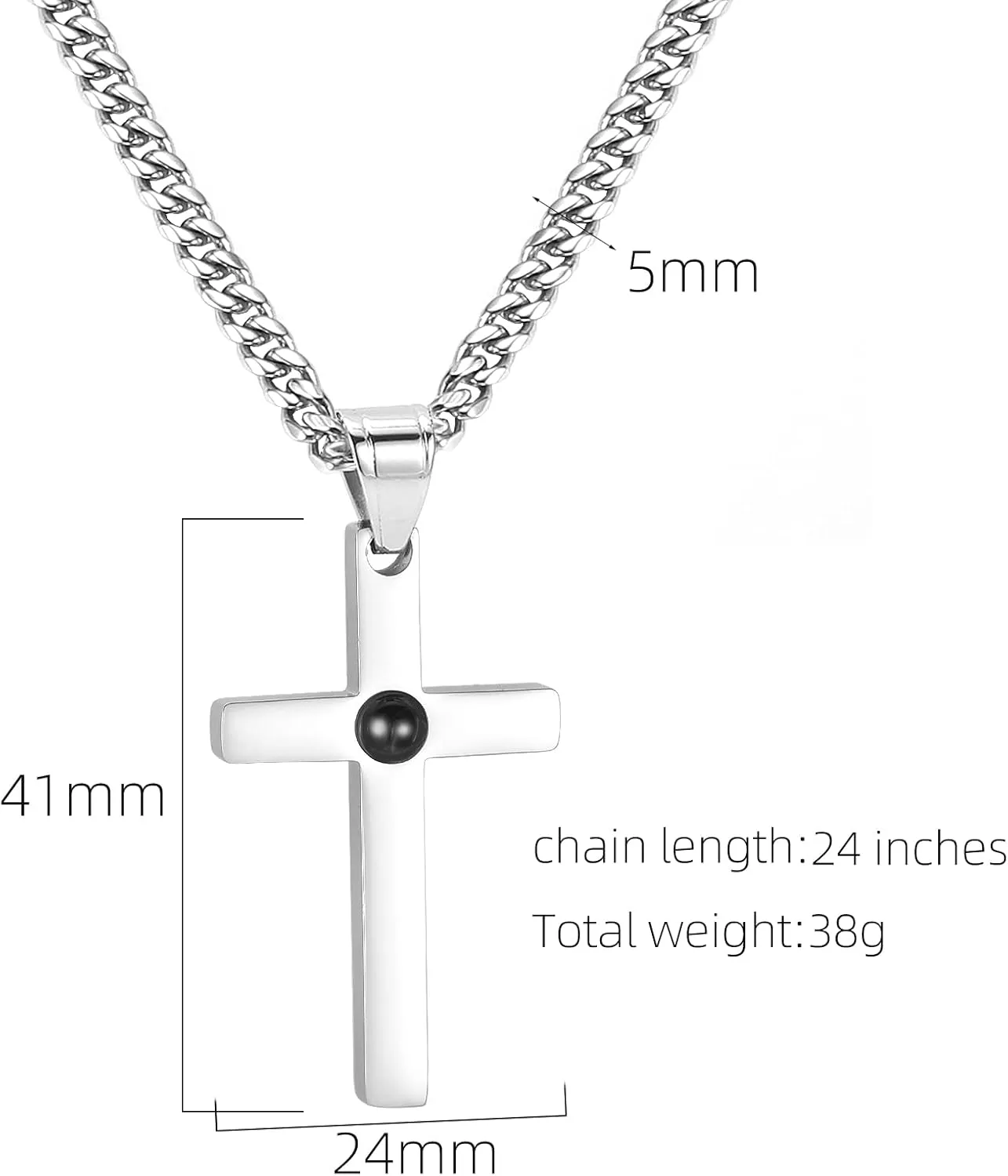 Cross Necklace for Men - Stainless Steel Silver Cross Necklace, Engraved Bible Verse and Love Cross Pendant with Cuban link Chain, Faith Jewelry Gifts for Men Women and Boys, 5mm Width with 18-24 Inch