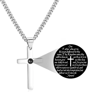 Cross Necklace for Men - Stainless Steel Silver Cross Necklace, Engraved Bible Verse and Love Cross Pendant with Cuban link Chain, Faith Jewelry Gifts for Men Women and Boys, 5mm Width with 18-24 Inch