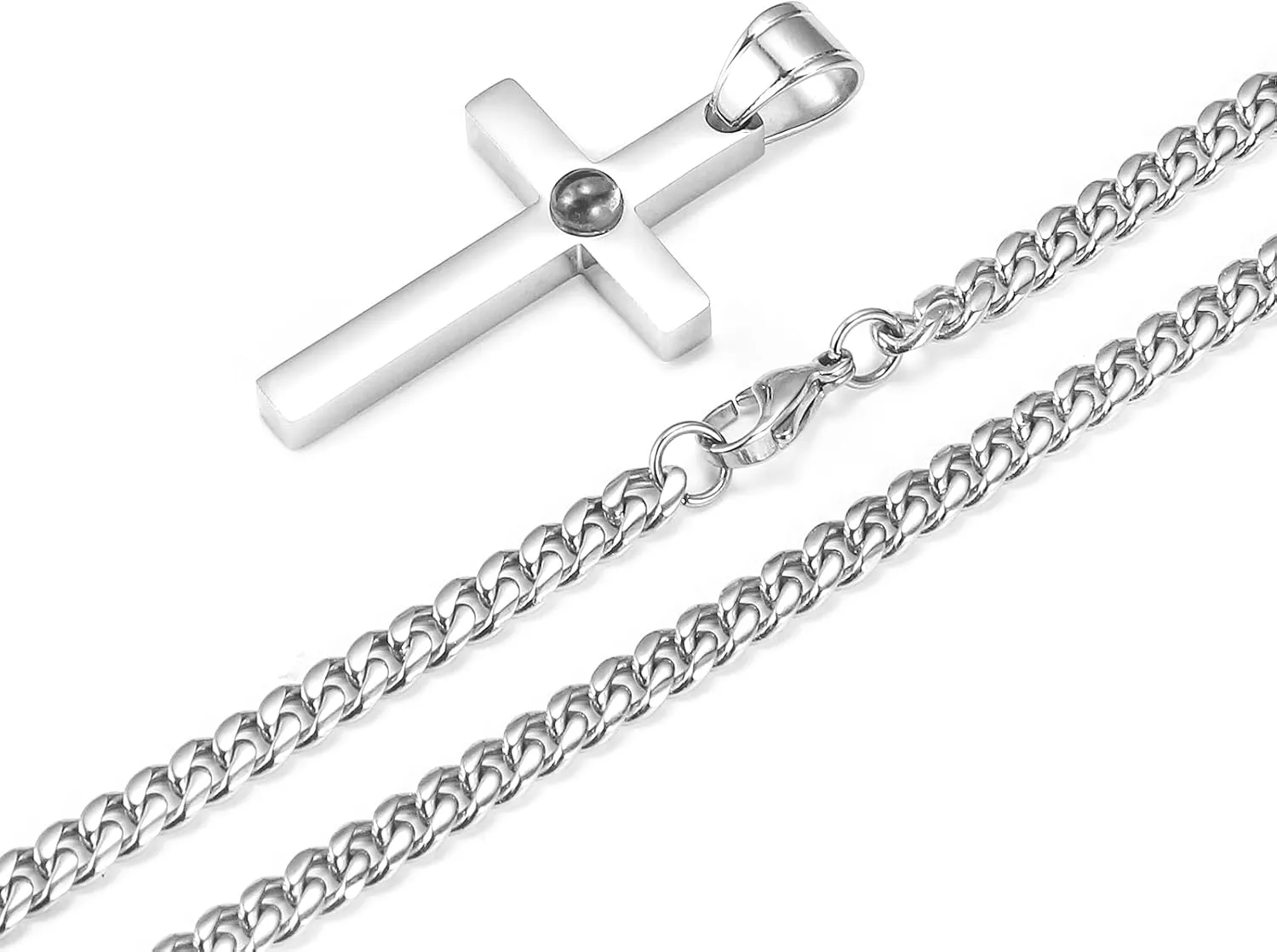 Cross Necklace for Men - Stainless Steel Silver Cross Necklace, Engraved Bible Verse and Love Cross Pendant with Cuban link Chain, Faith Jewelry Gifts for Men Women and Boys, 5mm Width with 18-24 Inch