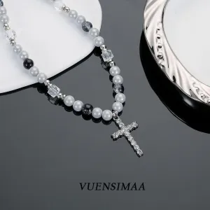 Cross Pearl Necklace for Men Stainless Steel Necklace 10mm Double Layered Cuban Link Fashion Jewelry Baptism Gifts for Him