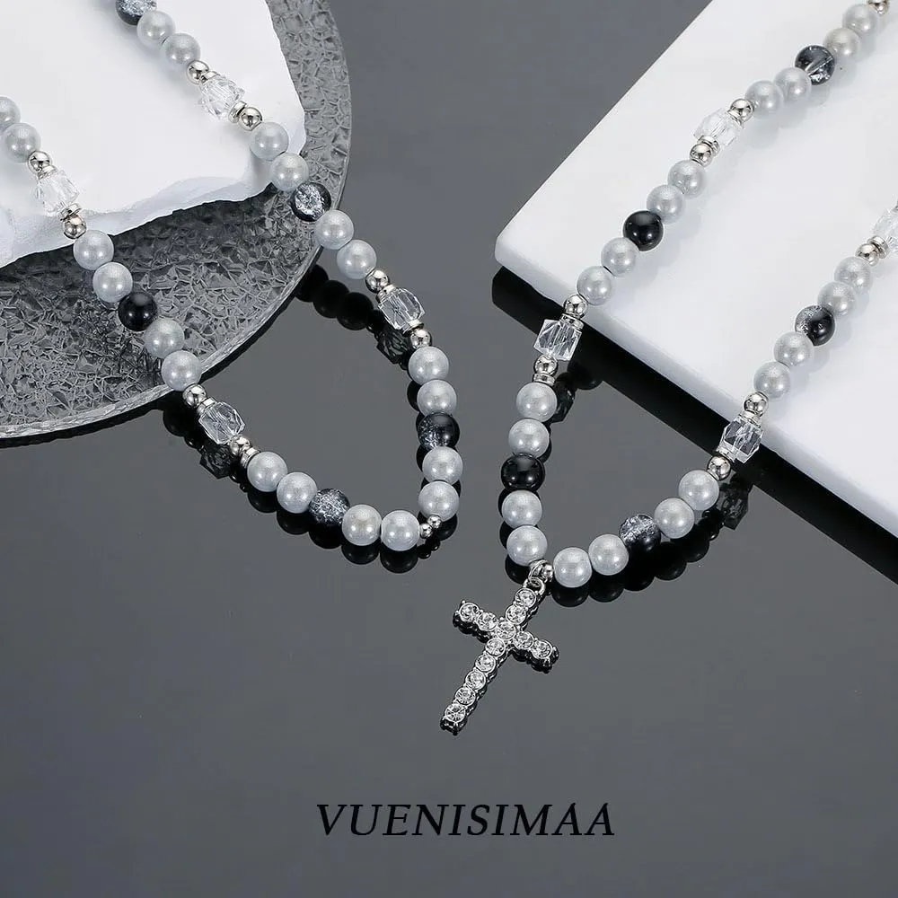 Cross Pearl Necklace for Men Stainless Steel Necklace 10mm Double Layered Cuban Link Fashion Jewelry Baptism Gifts for Him