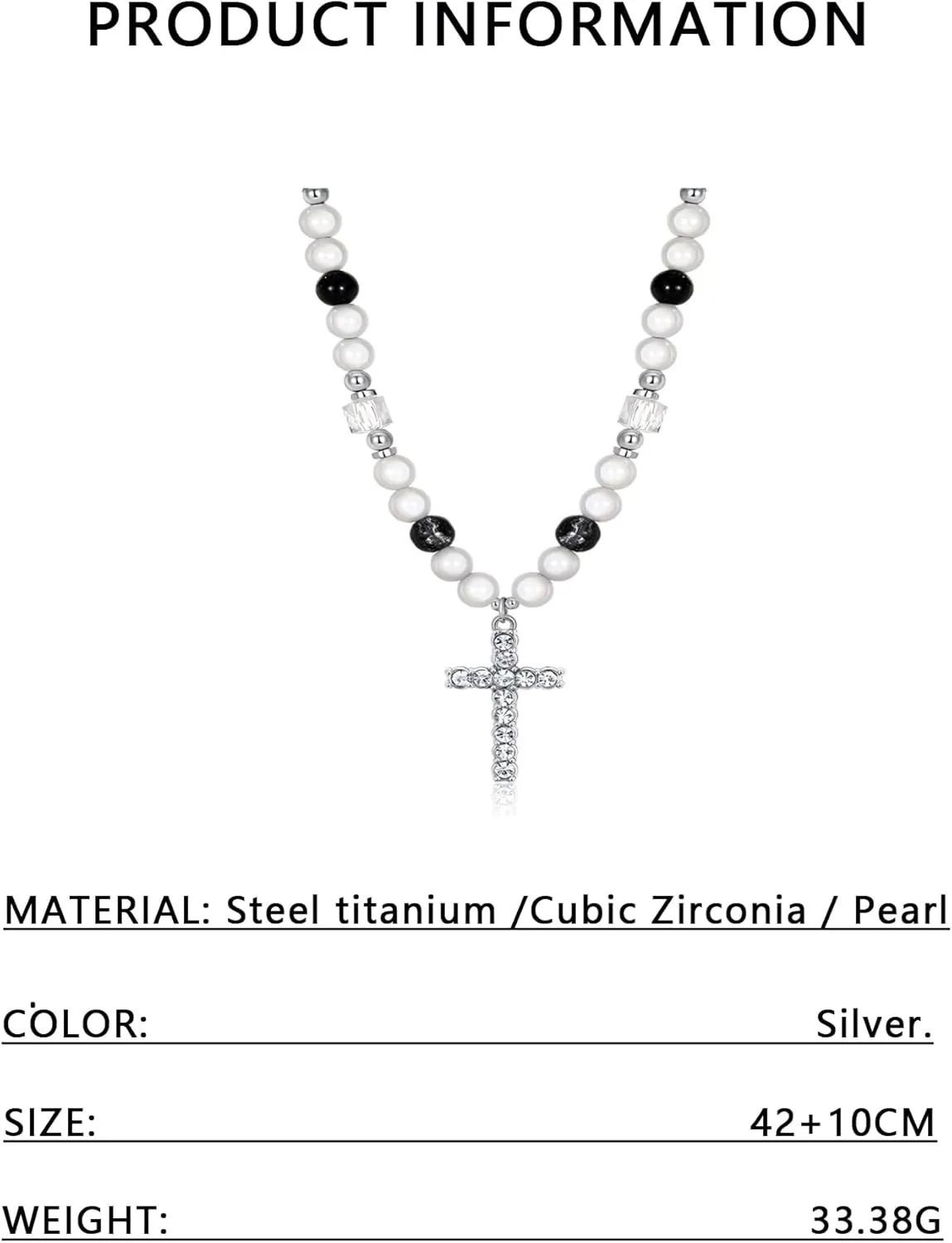 Cross Pearl Necklace for Men Stainless Steel Necklace 10mm Double Layered Cuban Link Fashion Jewelry Baptism Gifts for Him