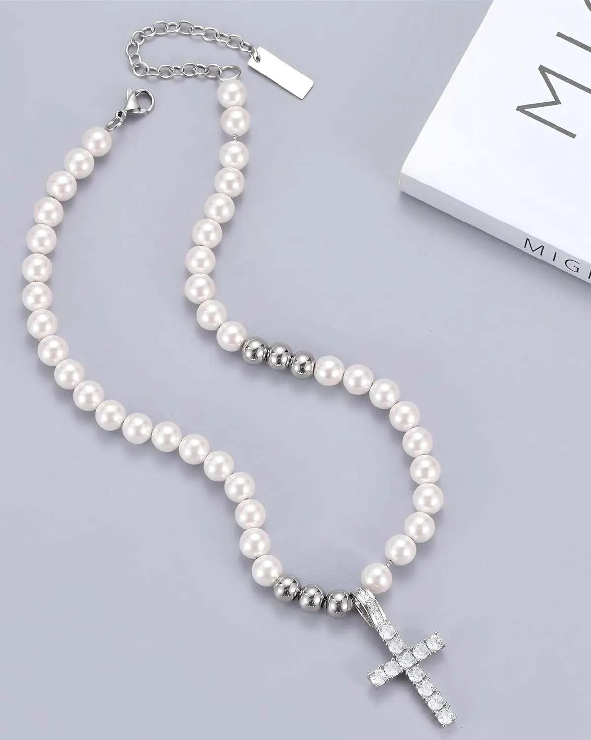 Cross Pearl Necklace for Men Stainless Steel Necklace 10mm Double Layered Cuban Link Fashion Jewelry Baptism Gifts for Him