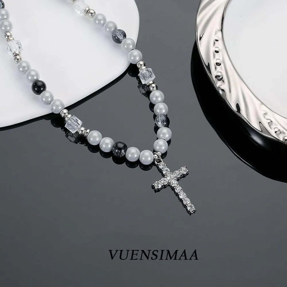 Cross Pearl Necklace for Men Stainless Steel Necklace 10mm Double Layered Cuban Link Fashion Jewelry Baptism Gifts for Him