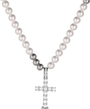 Cross Pearl Necklace for Men Stainless Steel Necklace 10mm Double Layered Cuban Link Fashion Jewelry Baptism Gifts for Him