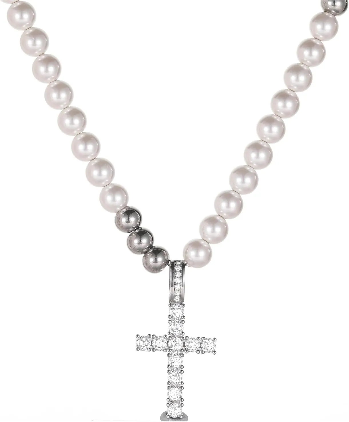 Cross Pearl Necklace for Men Stainless Steel Necklace 10mm Double Layered Cuban Link Fashion Jewelry Baptism Gifts for Him