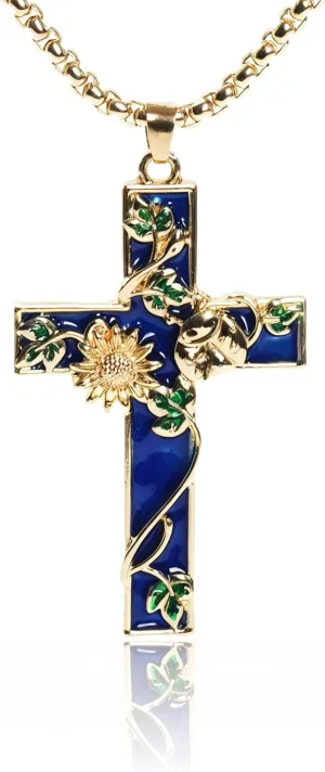 Cross Pendant Necklace with Blue Enamel and titanium steel Chain,Hummingbird Beetle Butterfly Religious Jewelry
