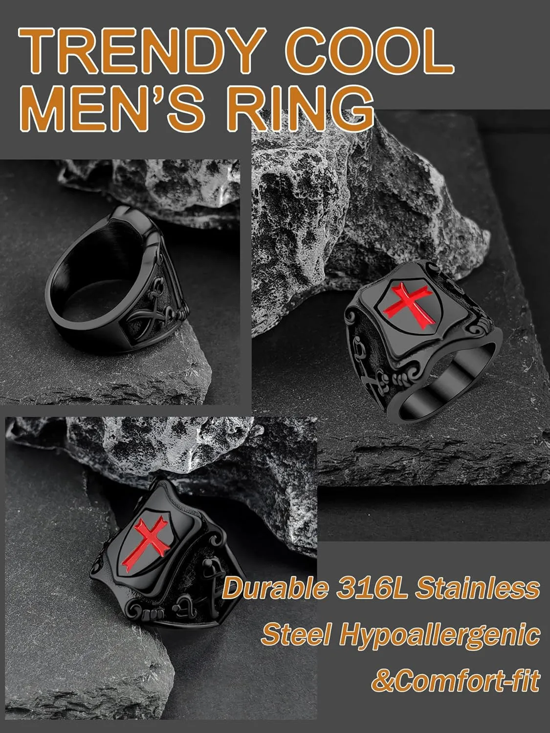 Cross Ring for Men Stainless Steel Celtic Knot Ring, 18K Gold/Black Metal, Retro Religious Chrisitan Cross Ring Norse Viking Battle Axe Cross Ring, Size 7-13, with Gift Box