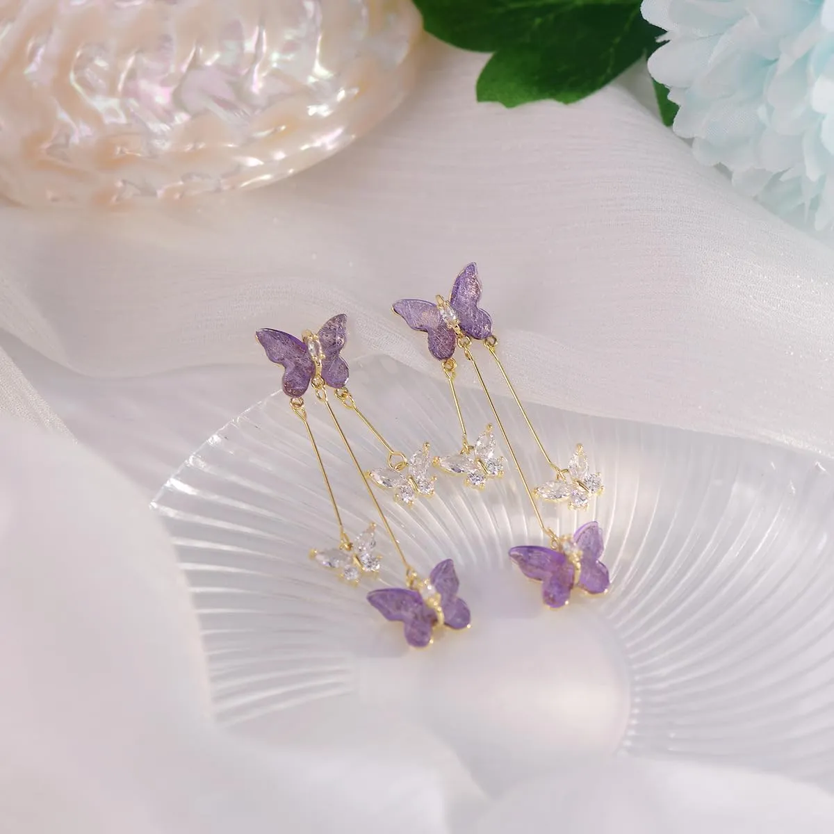 Crystal Butterfly Pendant Necklace,Crystal Zircon Dangle Earrings Purple Butterfly Stud Earring for Women