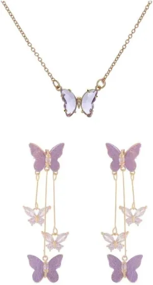 Crystal Butterfly Pendant Necklace,Crystal Zircon Dangle Earrings Purple Butterfly Stud Earring for Women