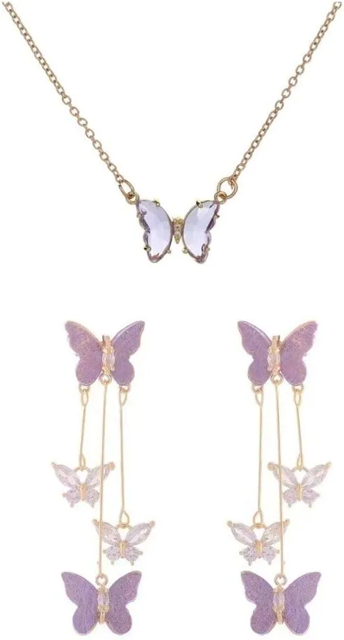 Crystal Butterfly Pendant Necklace,Crystal Zircon Dangle Earrings Purple Butterfly Stud Earring for Women
