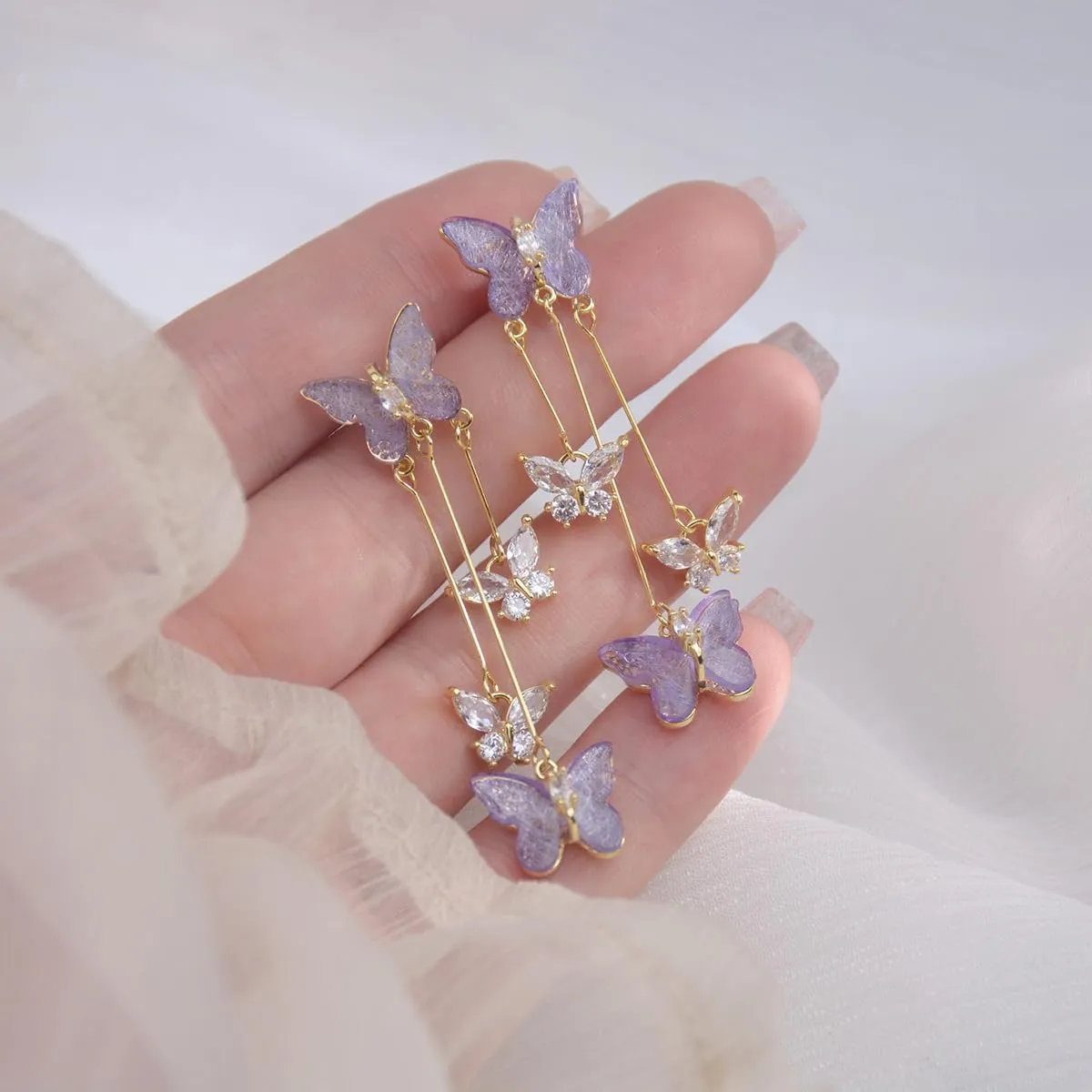 Crystal Butterfly Pendant Necklace,Crystal Zircon Dangle Earrings Purple Butterfly Stud Earring for Women