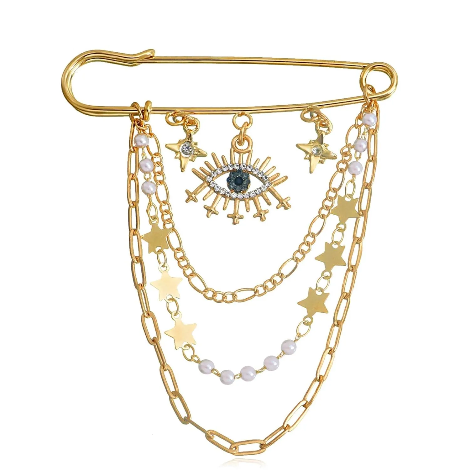 Crystal Eye Brooch Pin Multi-layer Hanging Chain Lapel Pin Elegance CZ Evil Eye Star Charm Brooch Lucky Devil Eye Tassel Pin Wedding Bouquet Badge Jewelry for Women Men