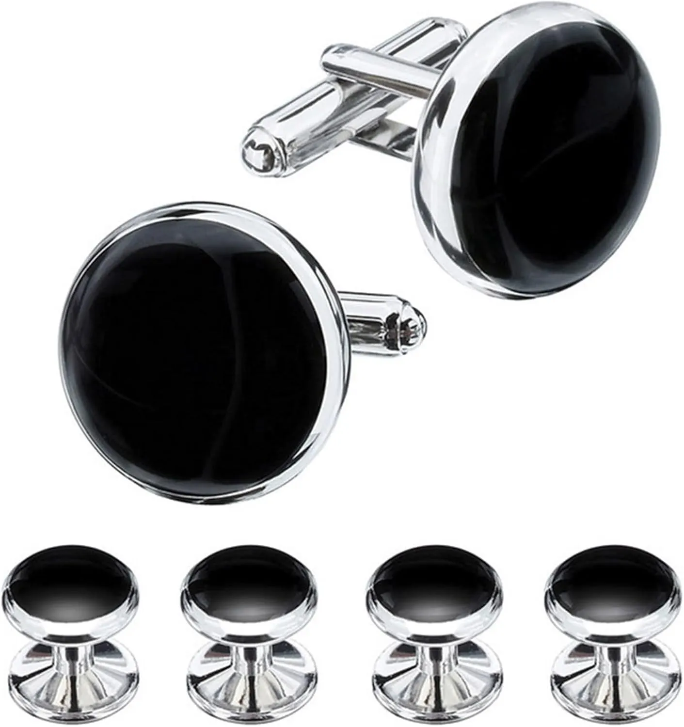 Cuff Links Mens Simple, Silver Cufflinks for Women Simple Round with Black Onyx Mens Vintage Cufflinks