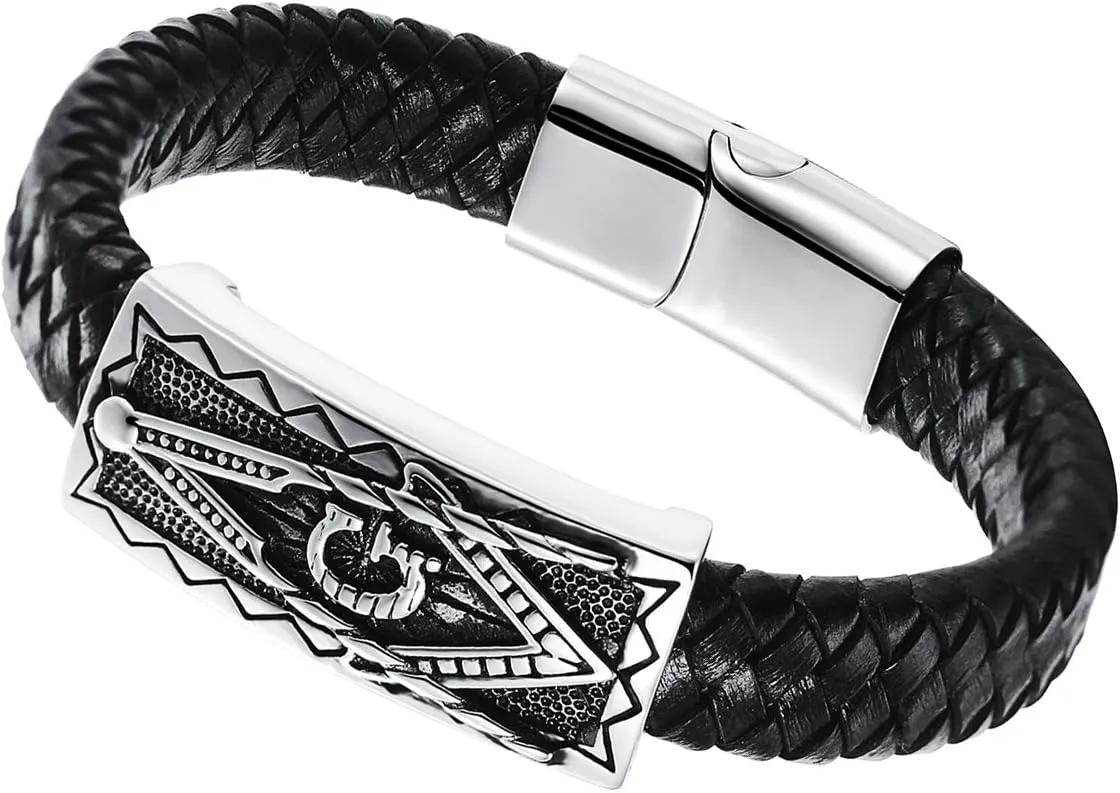 Cupimatch Mens Stainless Steel Masonic Freemason Leather Bracelet Cuff Bangle with Magnetic Clasp (Type 2)