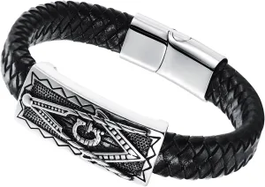 Cupimatch Mens Stainless Steel Masonic Freemason Leather Bracelet Cuff Bangle with Magnetic Clasp (Type 2)