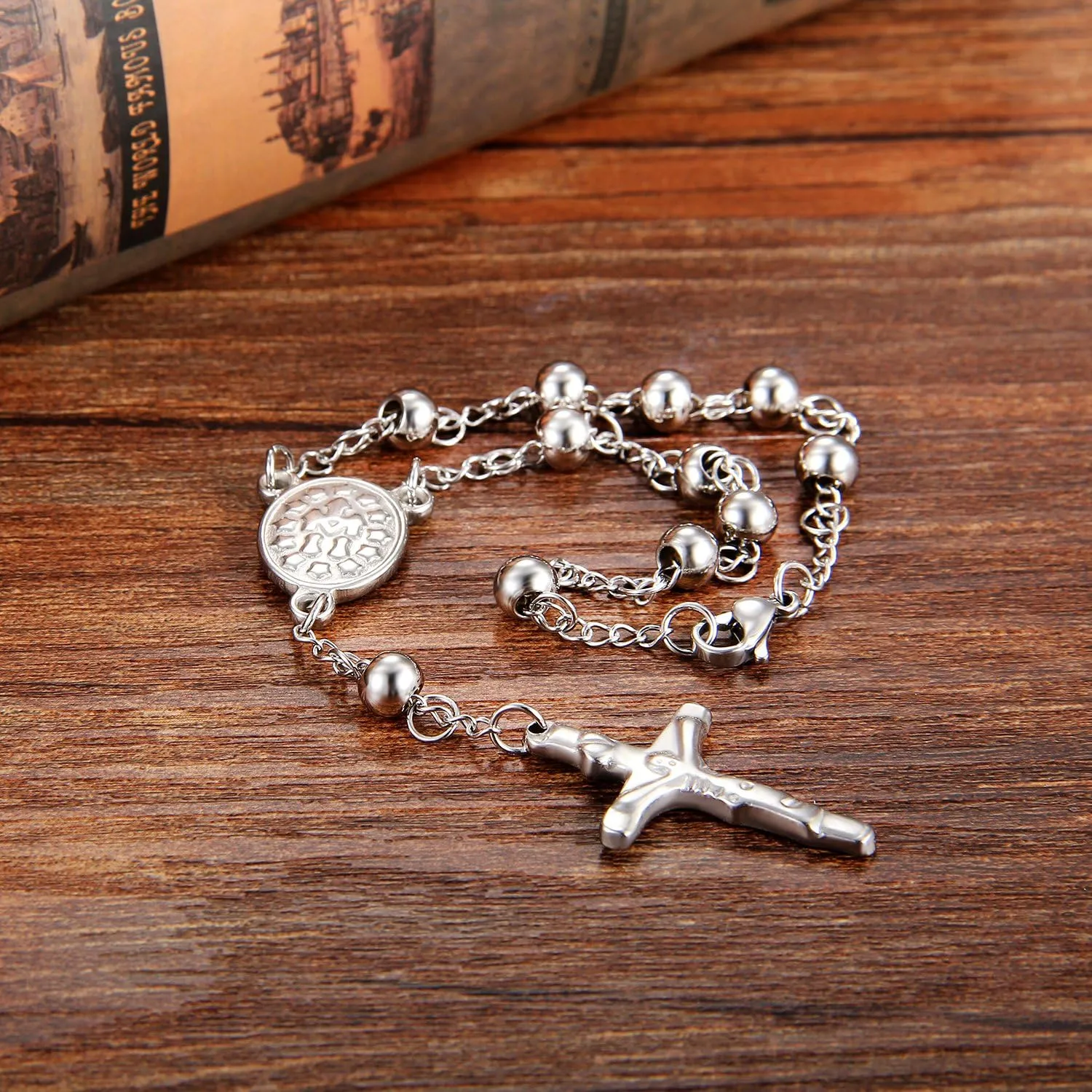 Cupimatch Religious Stainless Steel Beaded Rosary Cross Charm Bracelet for Men Women 8.6", Gold