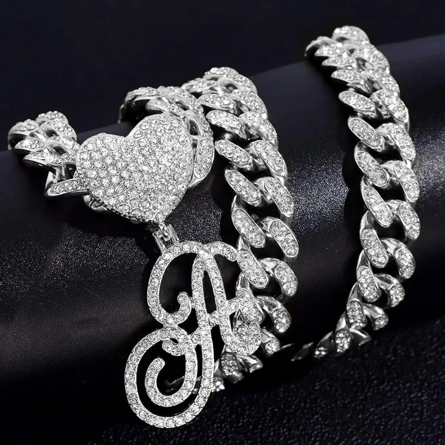 Cursive Silver Initial Pendant Necklaces Alphabet Pendant Miami Cuban Link Chain Necklace for women Hip Hop Iced Out Letter Chain with Pendant Jewelry 