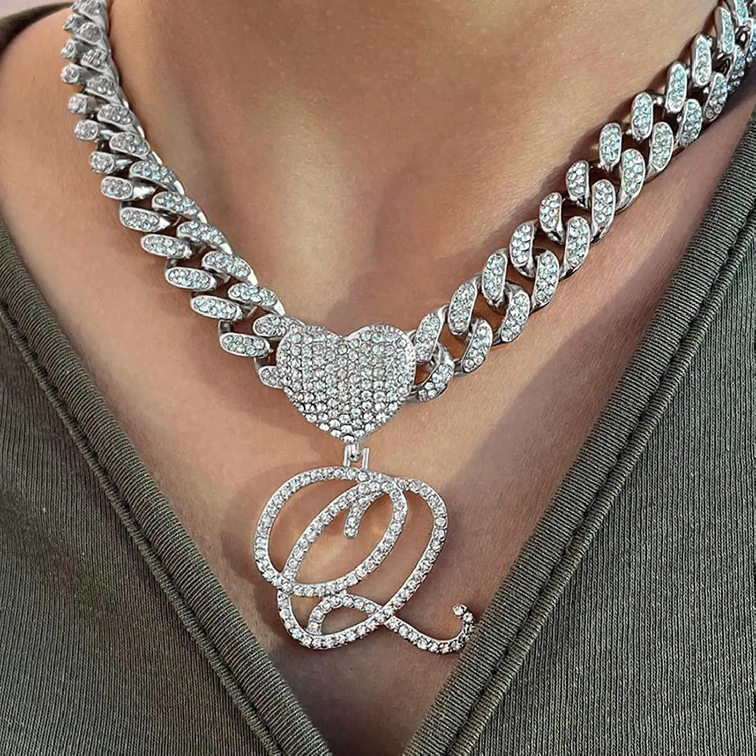 Cursive Silver Initial Pendant Necklaces Alphabet Pendant Miami Cuban Link Chain Necklace for women Hip Hop Iced Out Letter Chain with Pendant Jewelry 