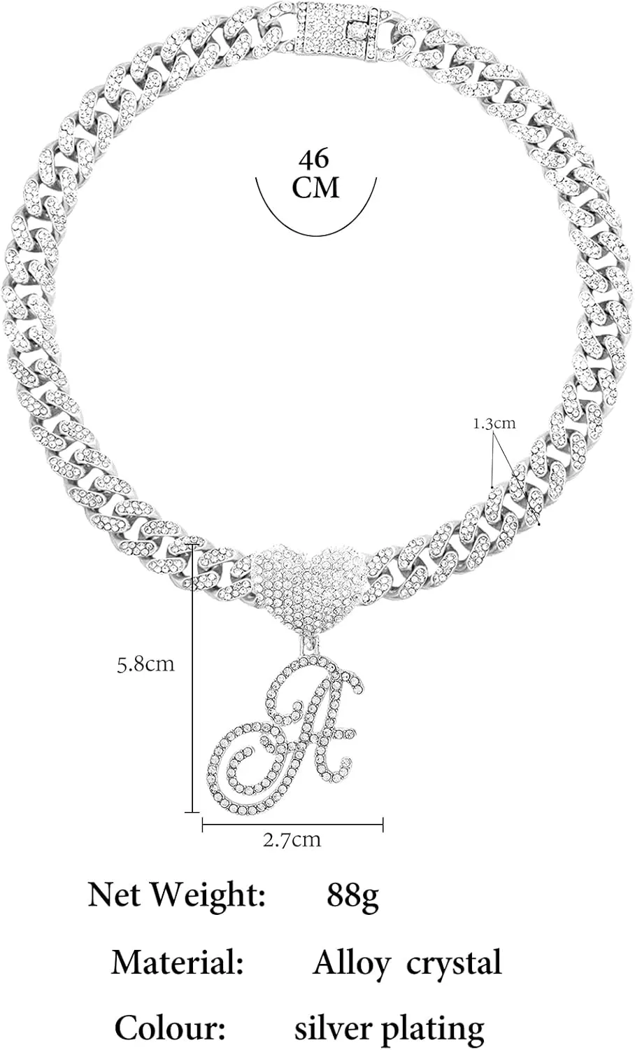 Cursive Silver Initial Pendant Necklaces Alphabet Pendant Miami Cuban Link Chain Necklace for women Hip Hop Iced Out Letter Chain with Pendant Jewelry 